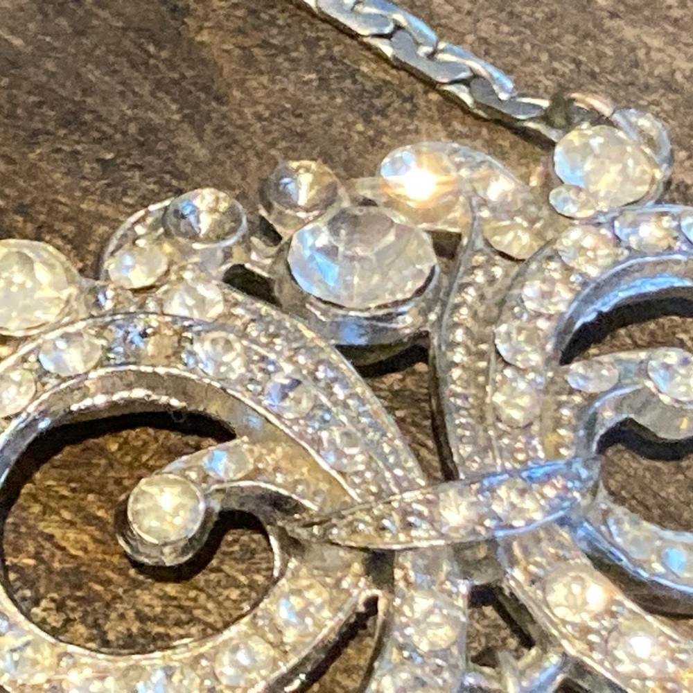 💋 Vintage Art Deco 15” Sterling 8 Necklace Bow Gemstone Rhinestone Pendant 💎 - Picture 7 of 13